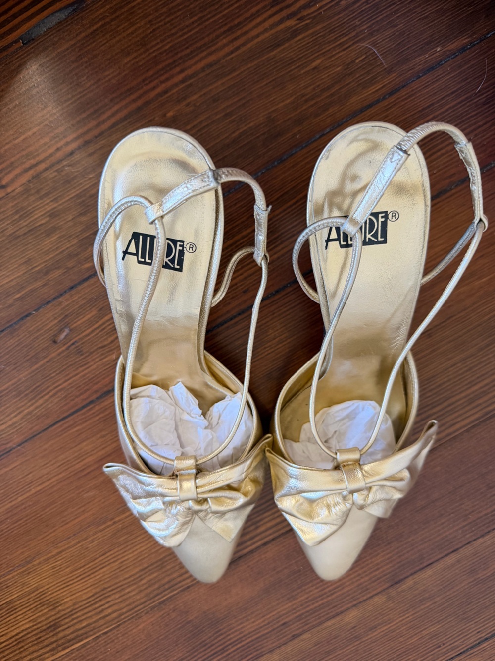 Allure Vintage Strappy Gold Slingback Heels Bow Size 7 - Picture 3 of 4